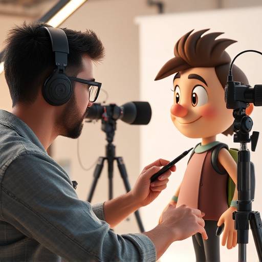 Artista de animación trabajando en un personaje animado en 3D.