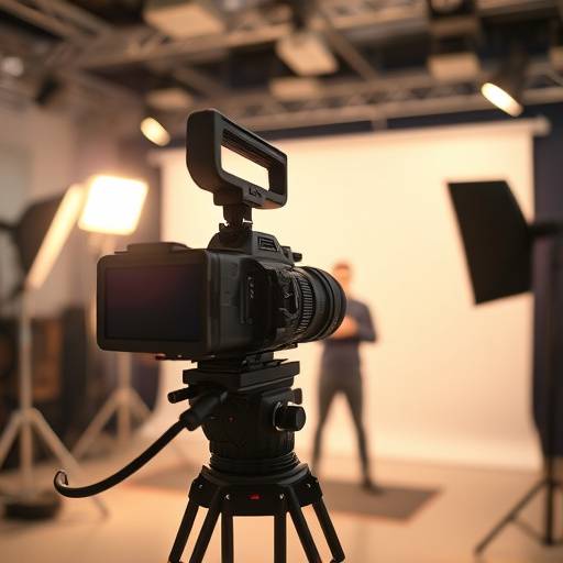 Cámara profesional grabando una escena de video en un set iluminado.