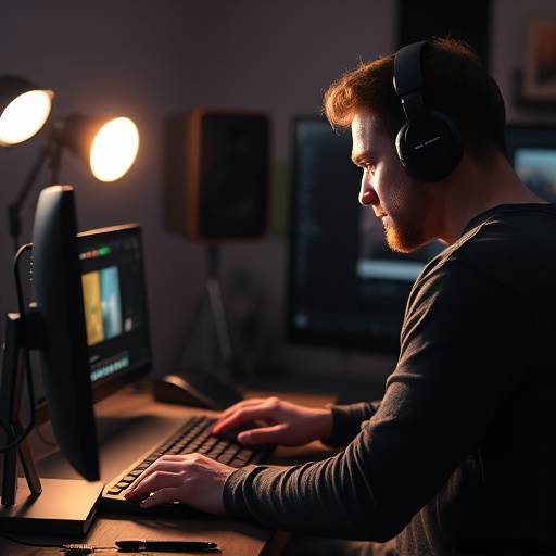 Diseñador creando motion graphics en un software especializado.