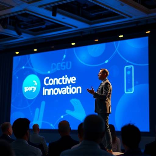 Durante la grabación del evento anual de la empresa 'Global Solutions', un presentador da una charla sobre la innovación tecnológica.