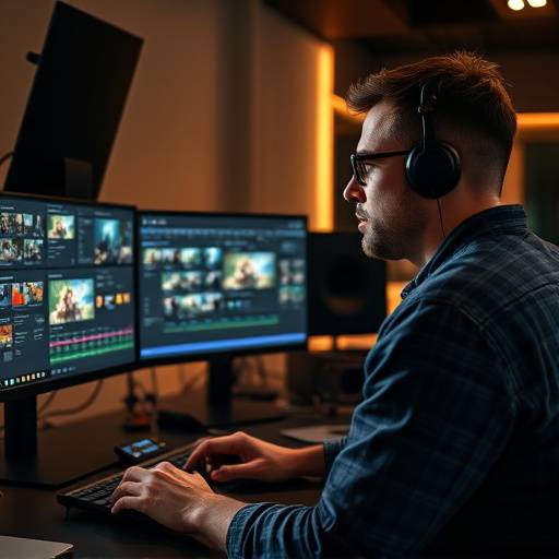 Editor de video trabajando en una estación de edición con mültiples monitores.