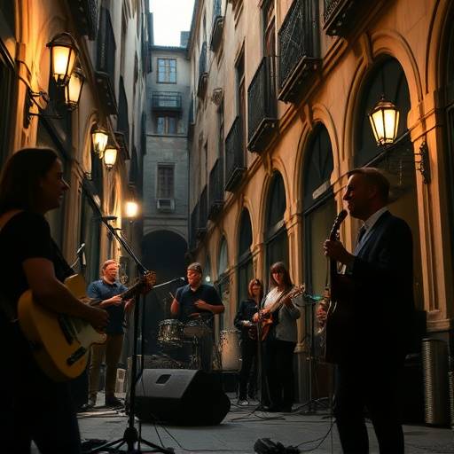 Escena de un video musical filmado en el Barrio Gótico de Barcelona, con una banda tocando en vivo.