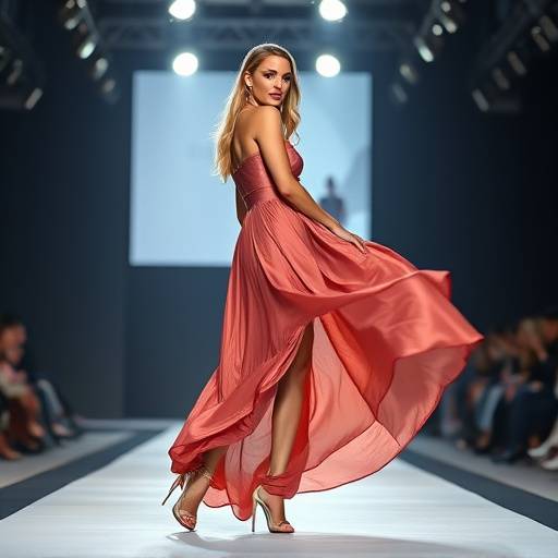 Una modelo posando con un vestido elegante en una pasarela, durante la filmación de un anuncio publicitario de moda.