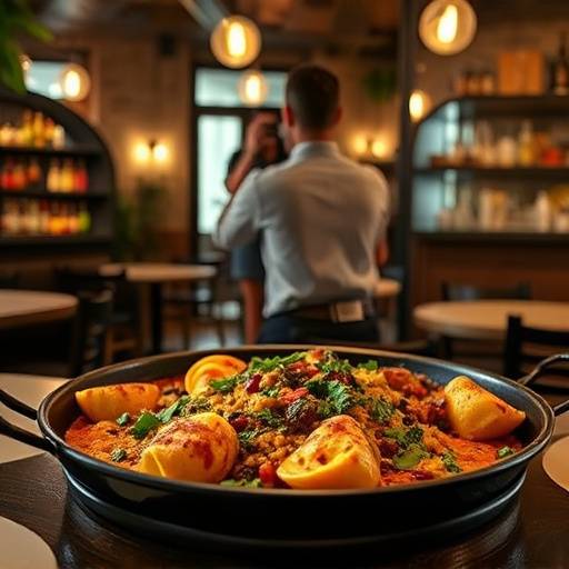 Una vista apetitosa de un plato de paella en un restaurante con encanto en el barrio del Born, para un video promocional.